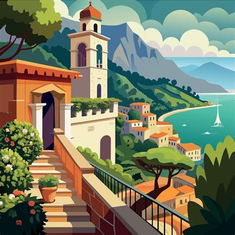 Premium Vector View From Balcony Of Villa Rufolo Ravello Town Amalfi