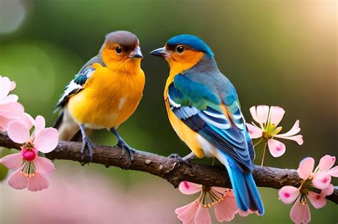 Premium Photo Two Birds Sitting On A Branch One Of Which Is Blue