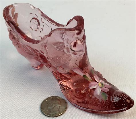 Lot Fenton Glass Decorative Pink Cabbage Rose Artist Signed Shoe W Hand Painted Floral Design