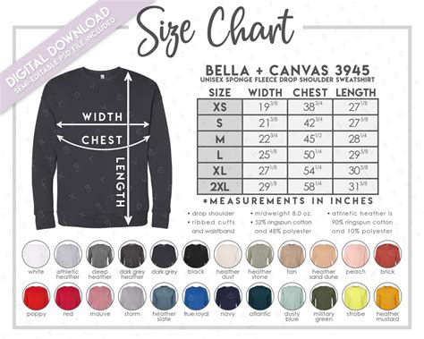 Semi Editable Bella Canvas 3945 Size Color Chart Bella Canvas Unisex