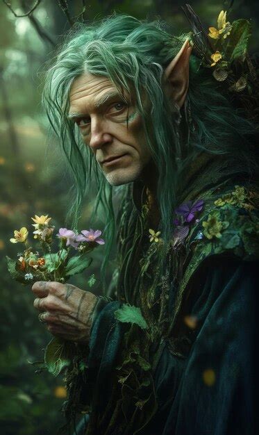 Fantasy Portrait Of A Green Fairy Tale Elf In The Forest Premium Ai
