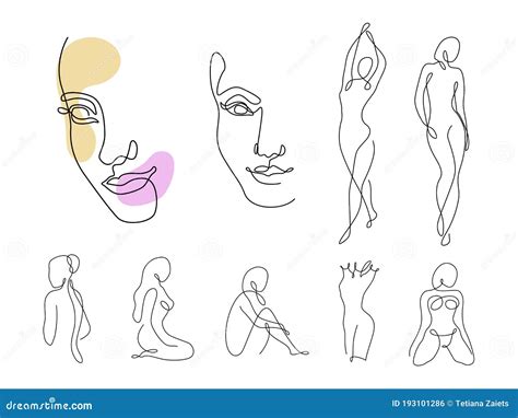 Line Art Woman Silhouette Vector Set Female Faces And Different Figure