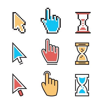 Flat Line Pixel Cursors Icon Mouse Hand Arrow Hourglass Stock Vector