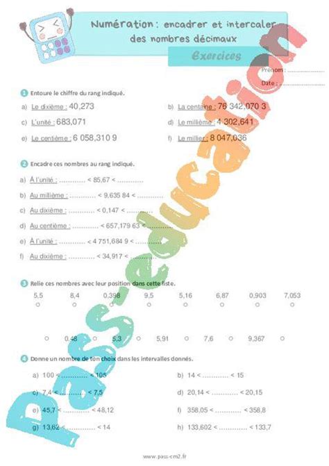 Encadrer intercaler les nombres décimaux Exercices de numération