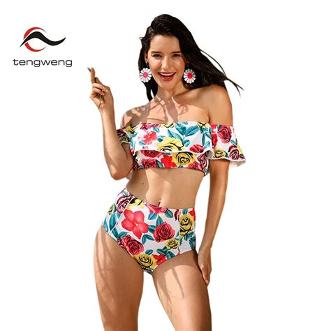 Tengweng 2018 New Sexy Women Floral 2xl Swimwear Ruffle Bandeau High