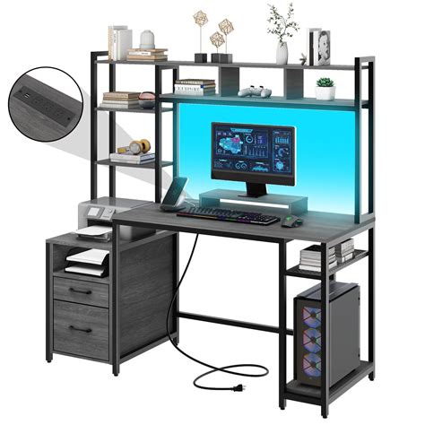 "59"" Sleek Home Office Desk with Built-in Storage Shelves, 2 Drawers ...