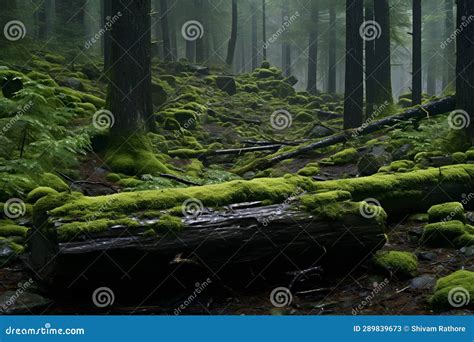 A Serene Moss Covered Forest With A Fallen Tree Ai Generated Stock