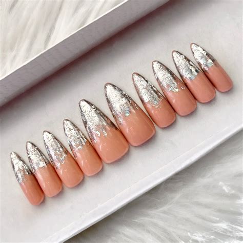 Silver Nude Iridescent Tip Press On Nails New Years Nails Borthday Nails Etsy
