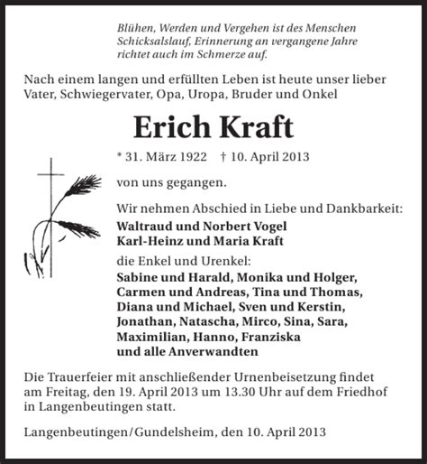 Traueranzeigen Von Erich Kraft Trauerundgedenken De