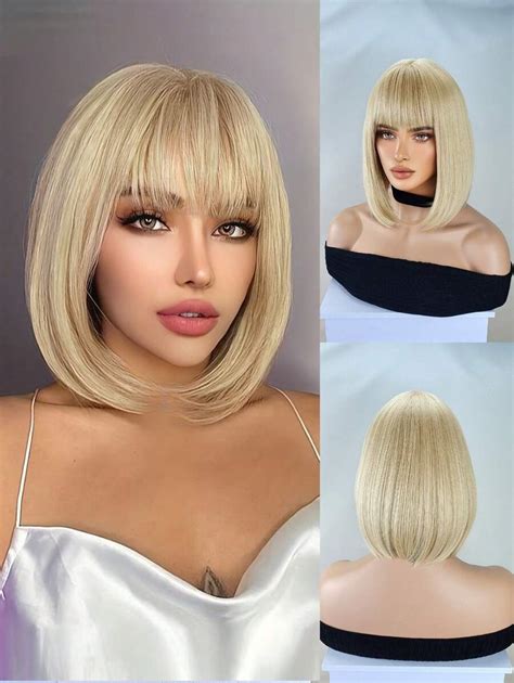 12 Inch Blonde Wig With Bangs Short Blonde Bob Wig For Women Straight Hair Wigs For Girls Heat