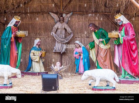 Outdoor Nativity Scene Of Life Sized Figurines Instalation In Macau