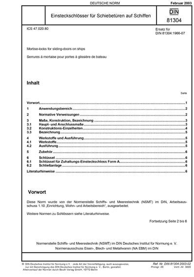 DIN 81304 2003 DE Einsteckschlösser für Schiebetüren auf Schiffen