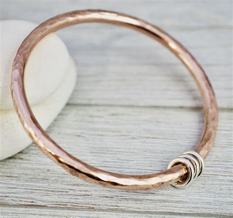 Heavy Copper Bangle With Silver Detail Hammered Copper Stacking