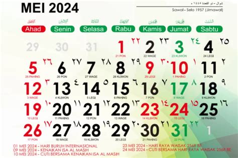 Kalender Mei 2024 Lengkap Daftar Tanggal Merah Hari Libur Nasional Hingga Cuti Bersama