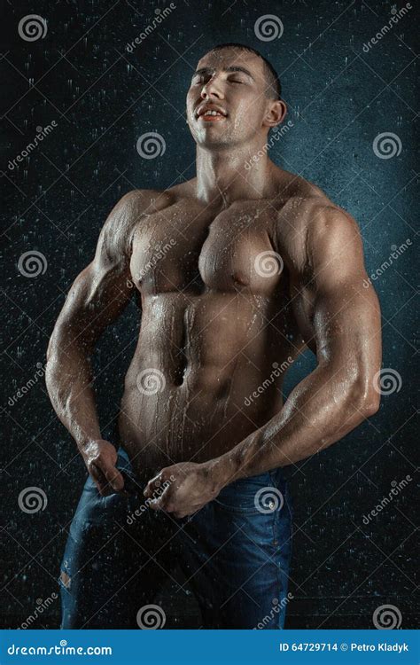Man With A Naked Torso Gets Wet By Water Drops Stock Photo Image Of Fresh Dripping