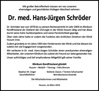 Traueranzeigen von Dr med Hans Jürgen Schröder sh z Trauer