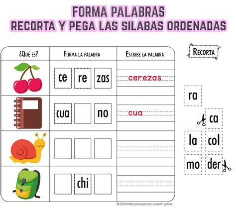 Fichas de Ordenar Sílabas para formar palabras