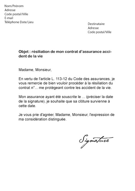 Lettre De R Siliation Assurance Accident De La Vie Mod Le De Lettre