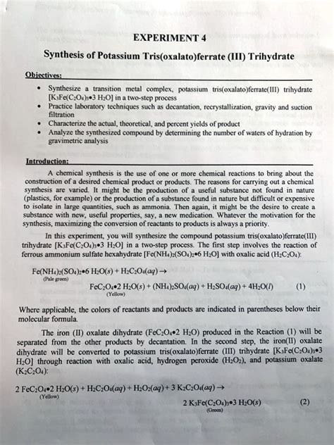 Solved Experiment Synthesis Of Potassium Tris Oxalato Ferrate Iii