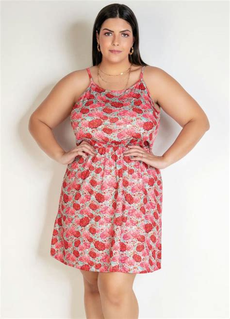 Vestido Curto Floral Rosa Alças Plus Size Marguerite