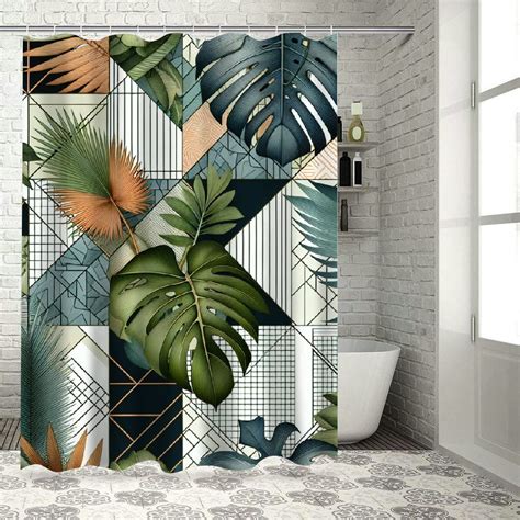 Lzatpd Shower Curtain And Monstera Leaves With Cubic Style Geometric