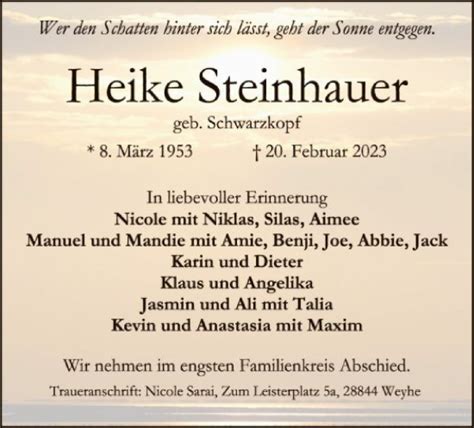 Traueranzeigen Von Heike Steinhauer Trauer Kreiszeitung De