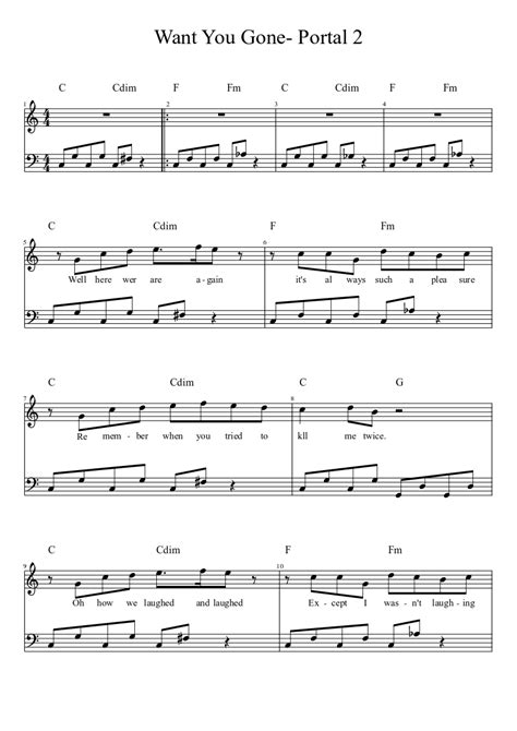 Want You Gone Portal 2 Sheet Music For Piano Solo Easy Musescore