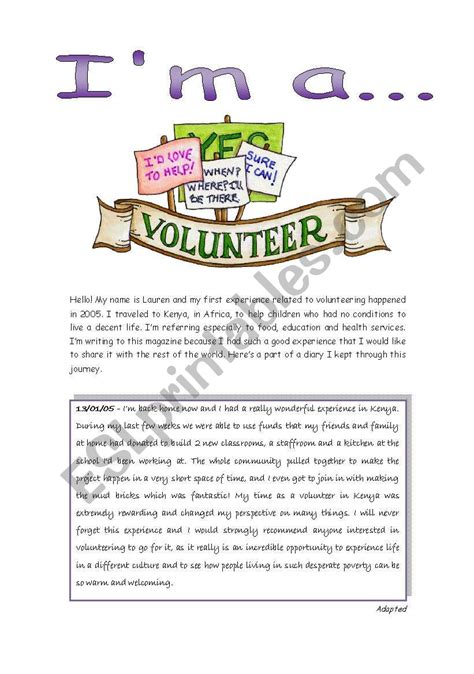 Reading I´m A Volunteer Esl Worksheet By Xana F