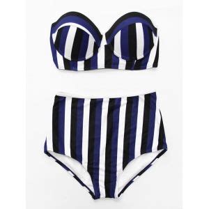 Deep Blue S Stylish Spaghetti Strap Vertical Striped Bikini Set For