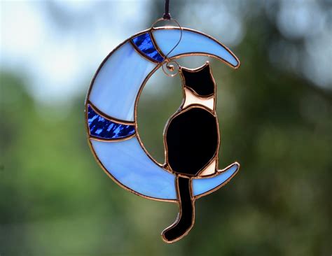 Stained Glass Cat On Moon Window Hanging Tuxedo Cat Suncatcher Etsy