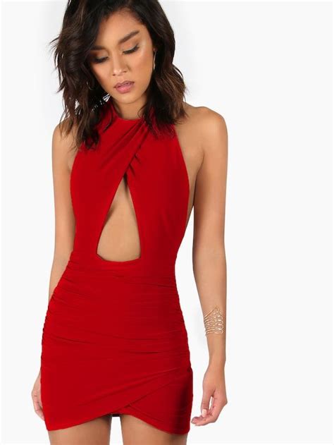 Backless Ruched Peekaboo Halter Dress Shein Sheinside Halter Bodycon