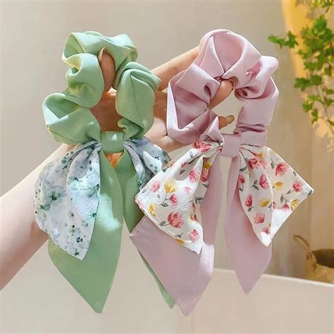 Neue Blumen Druck Satin Schleife Haar Gummi Haar Gummis Langes Band