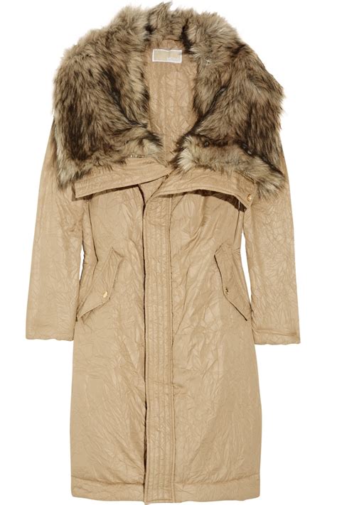 Michael Michael Kors Faux Fur Collar Satin Twill Coat In Brown Tan Lyst