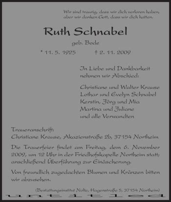 Traueranzeigen Von Ruth Schnabel Trauer Hna De