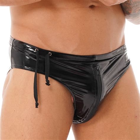 Mens Wetlook Brief Short Underwear Patent Leather Letters Drawstring