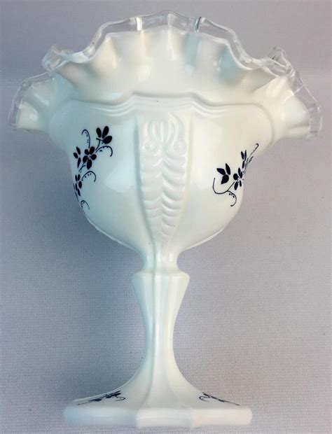 Lot Vintage Fenton Art Milk Glass Silver Crest Hand Painted Blue Floral Compote