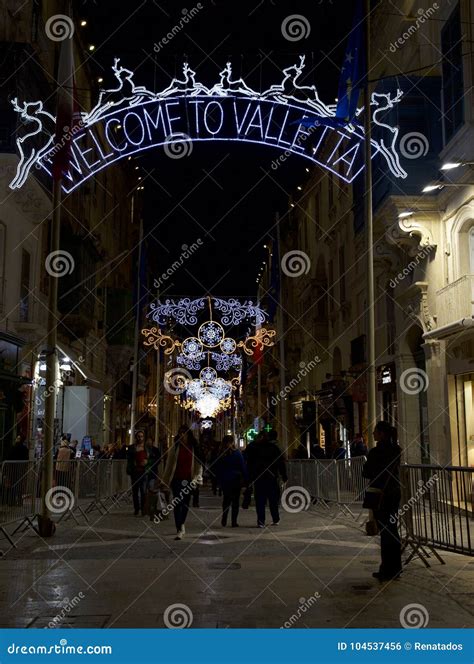 VALLETTA MALTA - DEC 8, 2016: View of Illuminated Republic Street with
