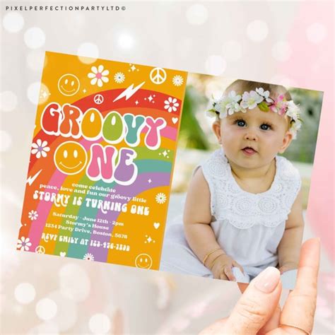 Editable Groovy One Birthday Party Invitation Peace Love Party Groovy