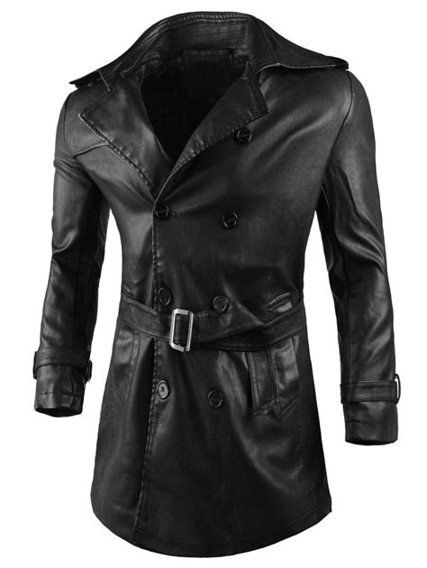 Double Breasted Belted Leatherette Trench Coat Mens Leather Jacket Long Celebrities Leather