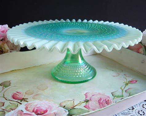 Fenton Willow Green Opalescent Hobnail Cake Stand By Fenton Glass Cake Plate Milk Glass