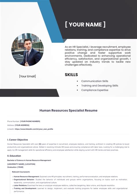 Free Human Resources Specialist Resume Template Edit Online