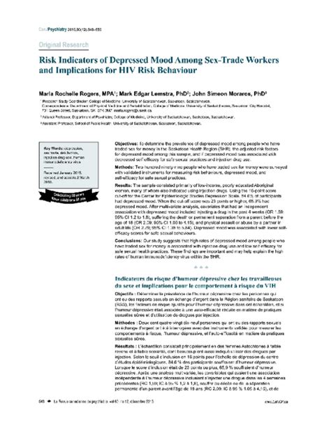 Pdf Risk Indicators Of Depressed Mood Among Sex Trade Workers And