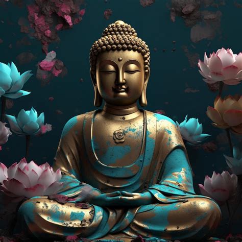 Premium Ai Image A Statue Of Buddha Sits In Front Of A Flower Bed