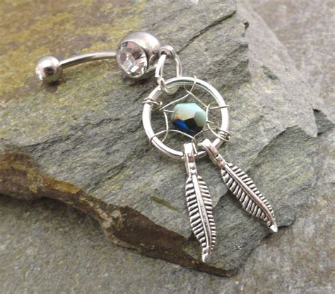 Dream Catcher Belly Button Ring Silver Feathers Light Mint Green Belly