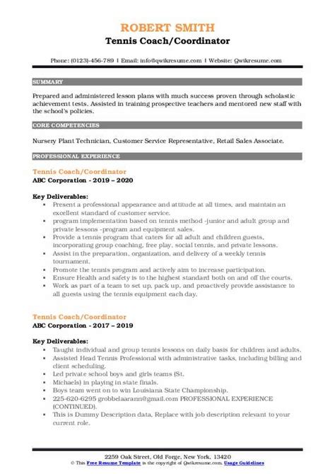 Tennis Coach Resume Samples Qwikresume