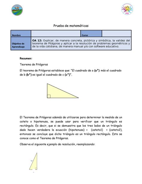 Teorema de Pitágoras prueba elizabteh Prueba de matemáticas Nombre