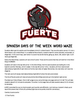 Spanish Days Of The Week Word Maze Search By El Toro Fuerte Tpt