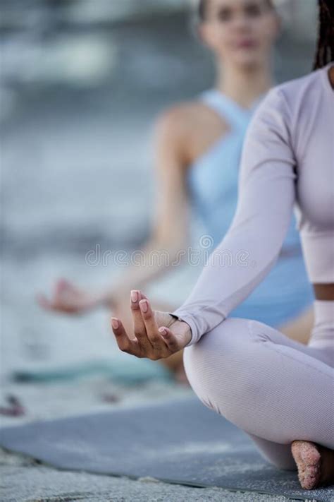 Yoga Class Meditation And Beach Women Or Friends With Calm Zen And