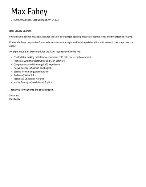 Sales Coordinator Cover Letter Velvet Jobs