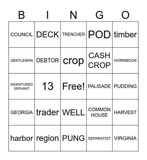 Colonial America Vocabulary Bingo Card